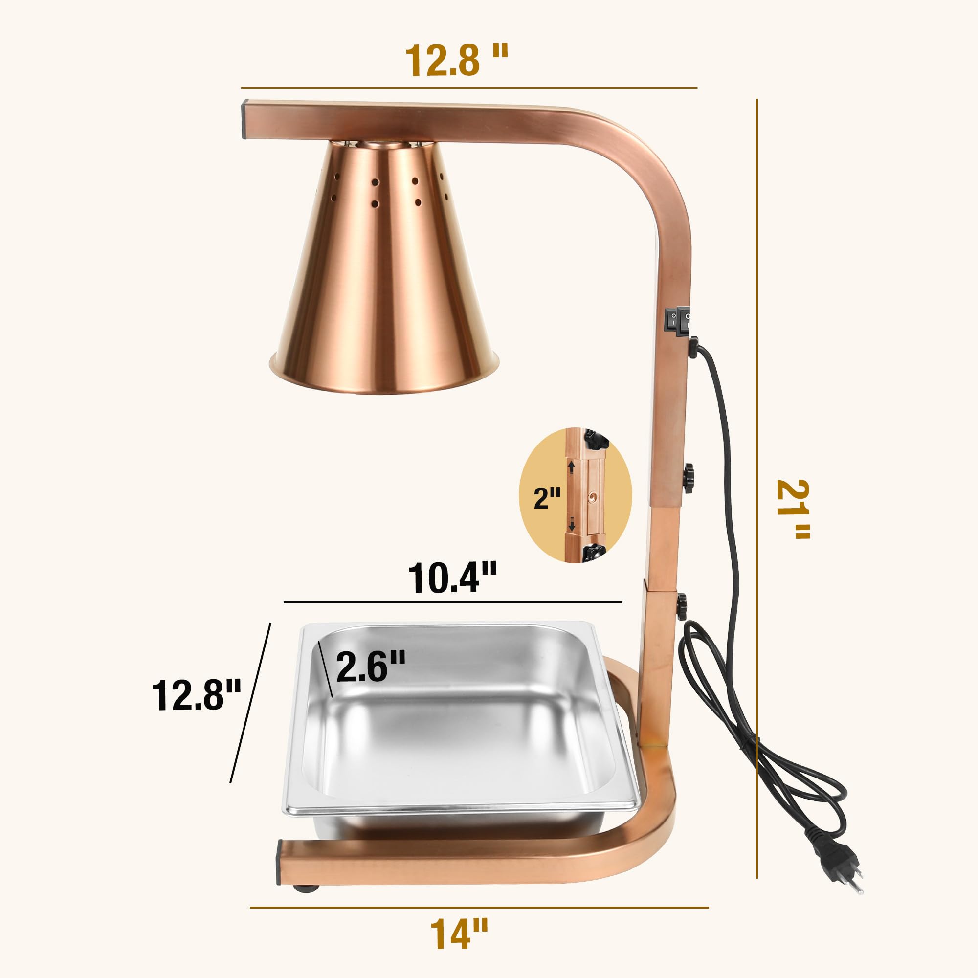 Restlrious Food Heat Lamp Freestanding Commercial Head Food Warmer, Gold Frame Stainless Steel 120V Electric Fan-Shaped Lampshade Food Heat Lamp with 250W Bulb & 1/2 Food Pan, for Buffet Food Service