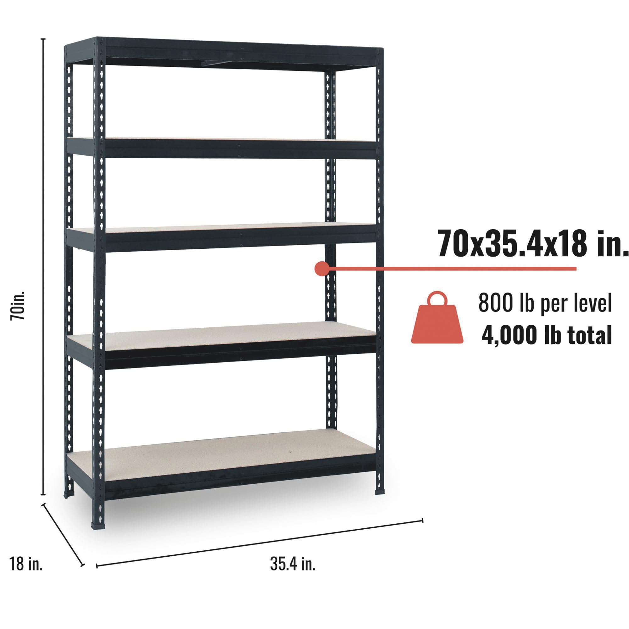 AR Shelving Heavy-Duty Garage Shelving, 5-Shelf Unit, 800-Lb. Capacity Per Shelf, 36in.W x 18in.D x 70in.H, Model# TR18C505KGEDD9G00