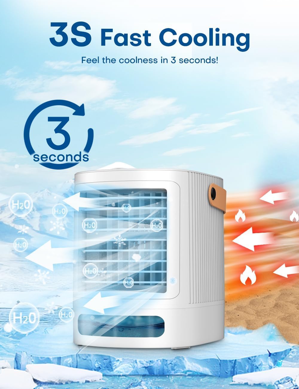 FANCOLE Portable Air Conditioners, 3-IN-1 Small Air Conditioner w/ 3-Level Humidify & 3 Speeds, 7-Color Night Lights, Top Fill Tank for 8H Cooling, Desk Mini Air Conditioner for Bedroom Room Office