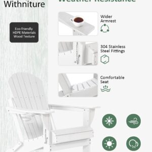 Withniture Folding Adirondack Chairs, HDPE Adirondack Chair Wood Texture Plastic Adirondack Chairs with Cup Holder, Weather Resistant Fire Pit Chairs for Backyard Deck, White