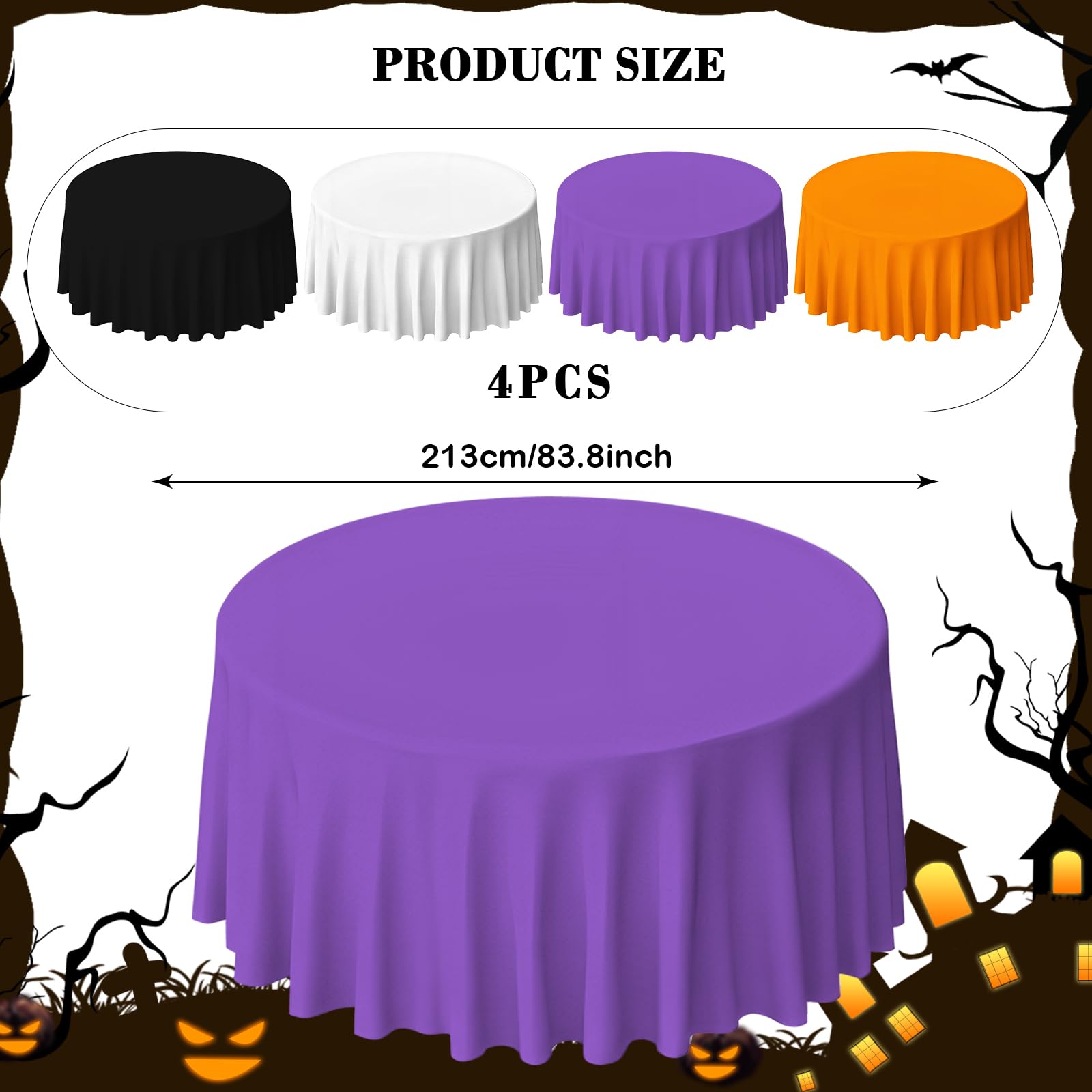 4 Pcs Halloween Round Disposable Tablecloths Waterproof Table Cloths Plastic White Black Purple Orange Round Table Cover for Table Decorations Halloween Party Dining Buffet Outdoor Camping Picnic