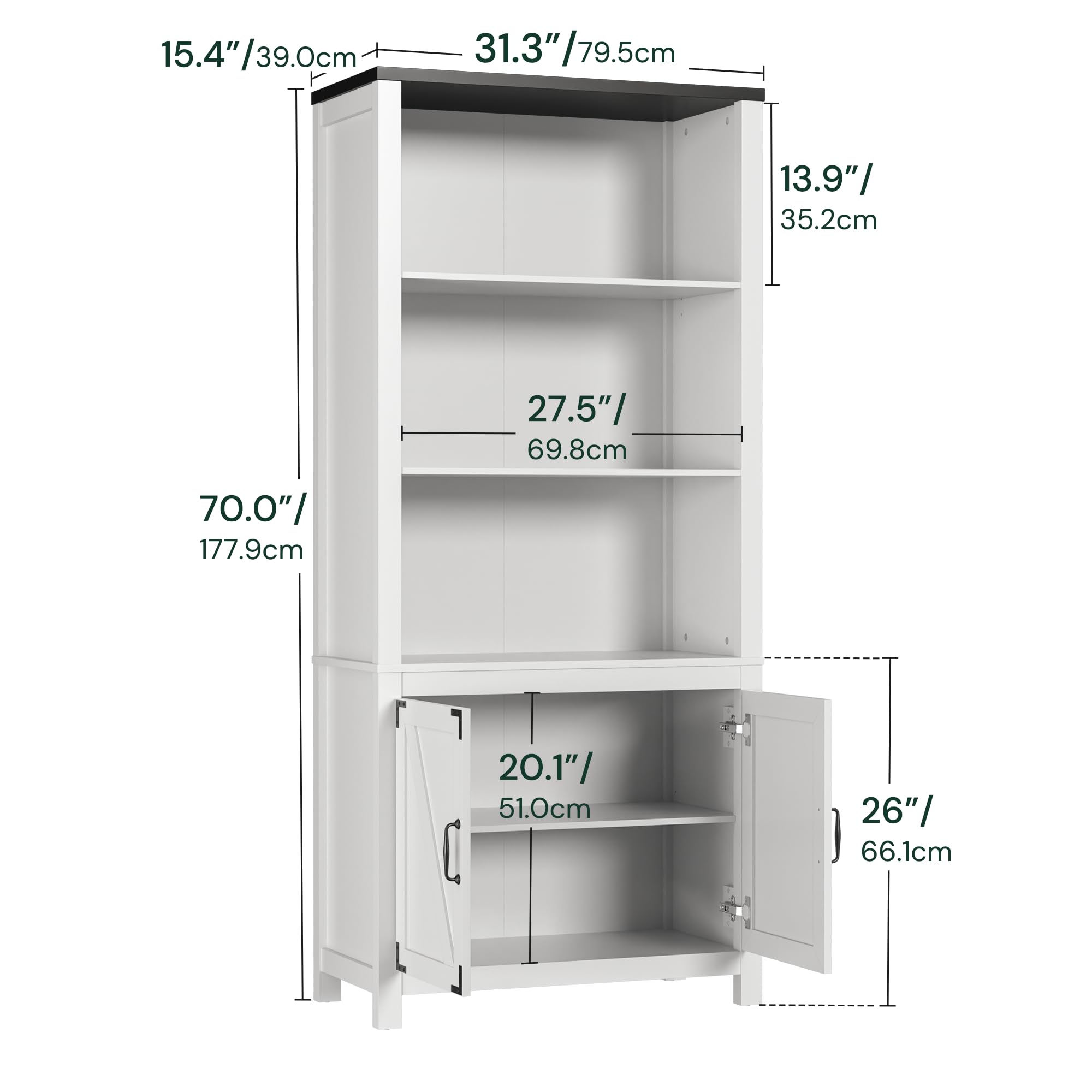 SunsGrove Farmhouse Bookcase with Doors, 5 Tier Large Bookshelf with Storage, Adjustable Shelves & Barn Doors, White 70" Tall Bookshelf for Home Office, Living Room