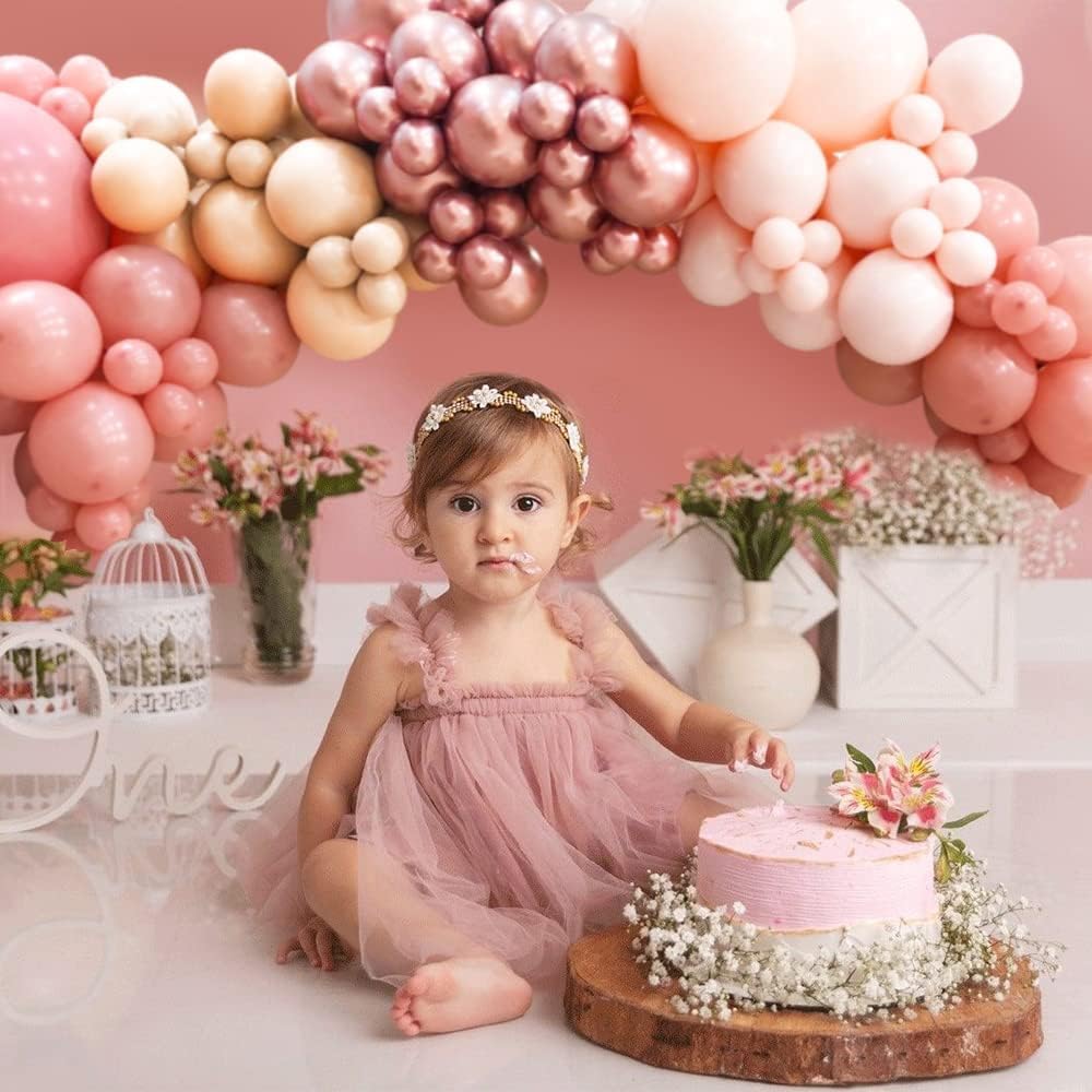 Pink Balloon Arch Kit, 120pcs Macaron Pink Balloon Garland Arch Kit, Orange Apricot and Metallic Rose Gold Balloon for Girls Boho Balloon Arch for Baby Bridal Shower, Birthday Party and Princess Theme