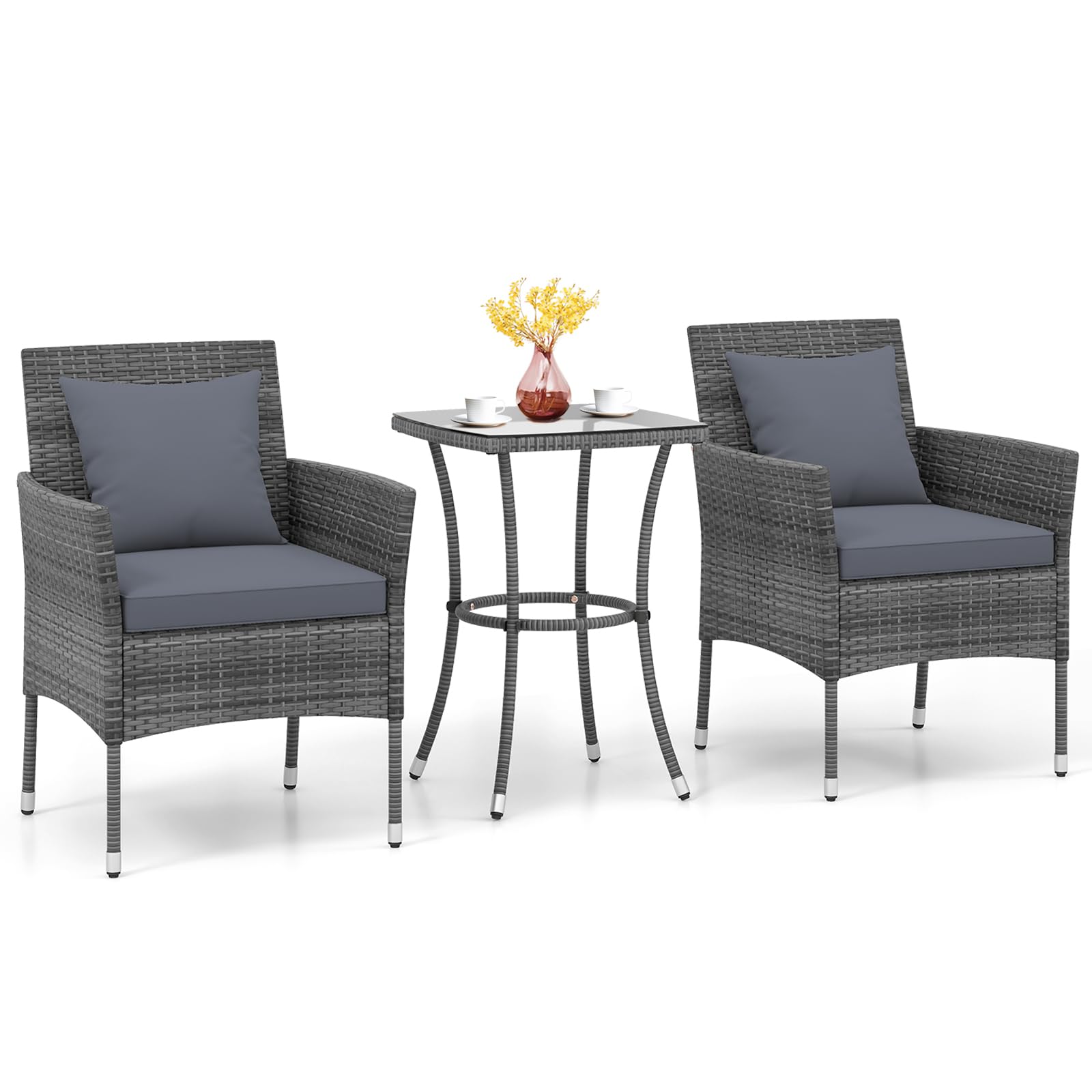 KOTEK 3 Pieces Patio Furniture Set, PE Rattan Outdoor Conversation Set with Tempered Glass Table & Soft Cushions, Wicker Bistro Set for Garden, Porch, Balcony (Grey)