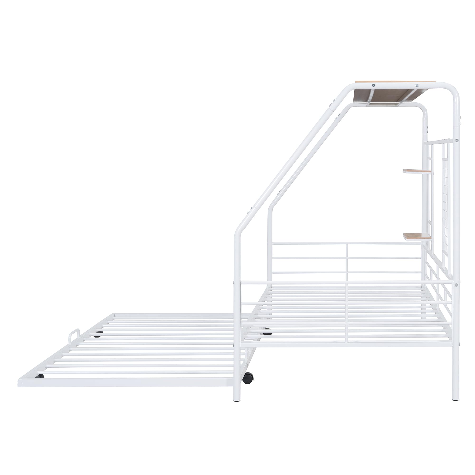 Linique Twin Size Metal House Bed with Trundle,Twin Size Platform Metal Bedframes with Built-in Shelf and Grid,White