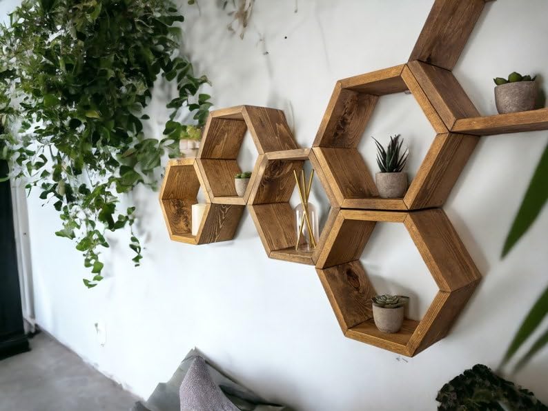 MUOSI Hexagon Shelves, Plant Shelves, Wide Hexagons Shelves, Honeycomb Shelves, Wall Decor （ Provincial I*Set of 6 Hexagons ）