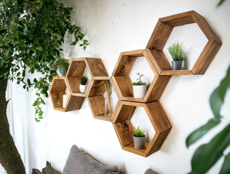 MUOSI Hexagon Shelves, Plant Shelves, Wide Hexagons Shelves, Honeycomb Shelves, Wall Decor （ Provincial I*Set of 6 Hexagons ）