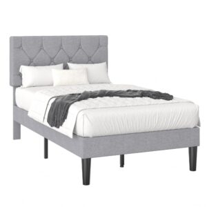 VECELO Twin Bed Frame with Button Tufted Headboard, Upholstered Platform Bedframe with Wood Slat Support, No Box Spring Needed, Grey