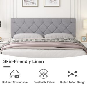 VECELO Full Bed Frame with Button Tufted Headboard, Upholstered Platform Bedframe with Wood Slat Support, No Box Spring Needed, Grey