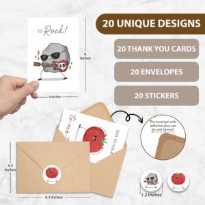 20 Funny Thank You Cards (4"x6") with 20 Envelopes & Stickers, Funny Encouragement Greeting Congratulations Cute Cards for Bestie Friend Teacher, Cartoon Cute Thank You Cards for All Occasions