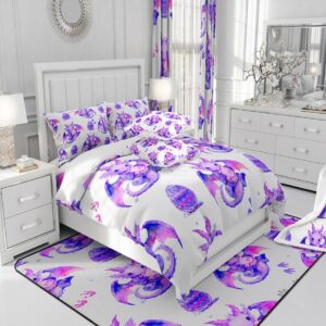 Feelyou Cartoon Dragon Bedding Set Twin Size Kids Dragon Egg Print Comforter Cover Set for Boys Girls Wild Animal Duvet Cover 3D Dragon Purple Bedspread Cover Room Decor Quilt Cover