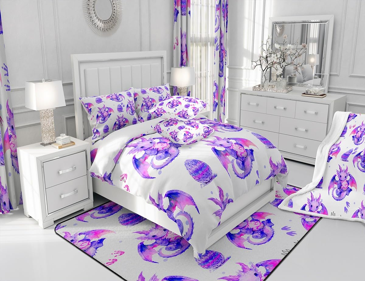 Feelyou Cartoon Dragon Bedding Set Twin Size Kids Dragon Egg Print Comforter Cover Set for Boys Girls Wild Animal Duvet Cover 3D Dragon Purple Bedspread Cover Room Decor Quilt Cover