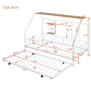 Linique Twin Size Metal House Bed with Trundle,Twin Size Platform Metal Bedframes with Built-in Shelf and Grid,White