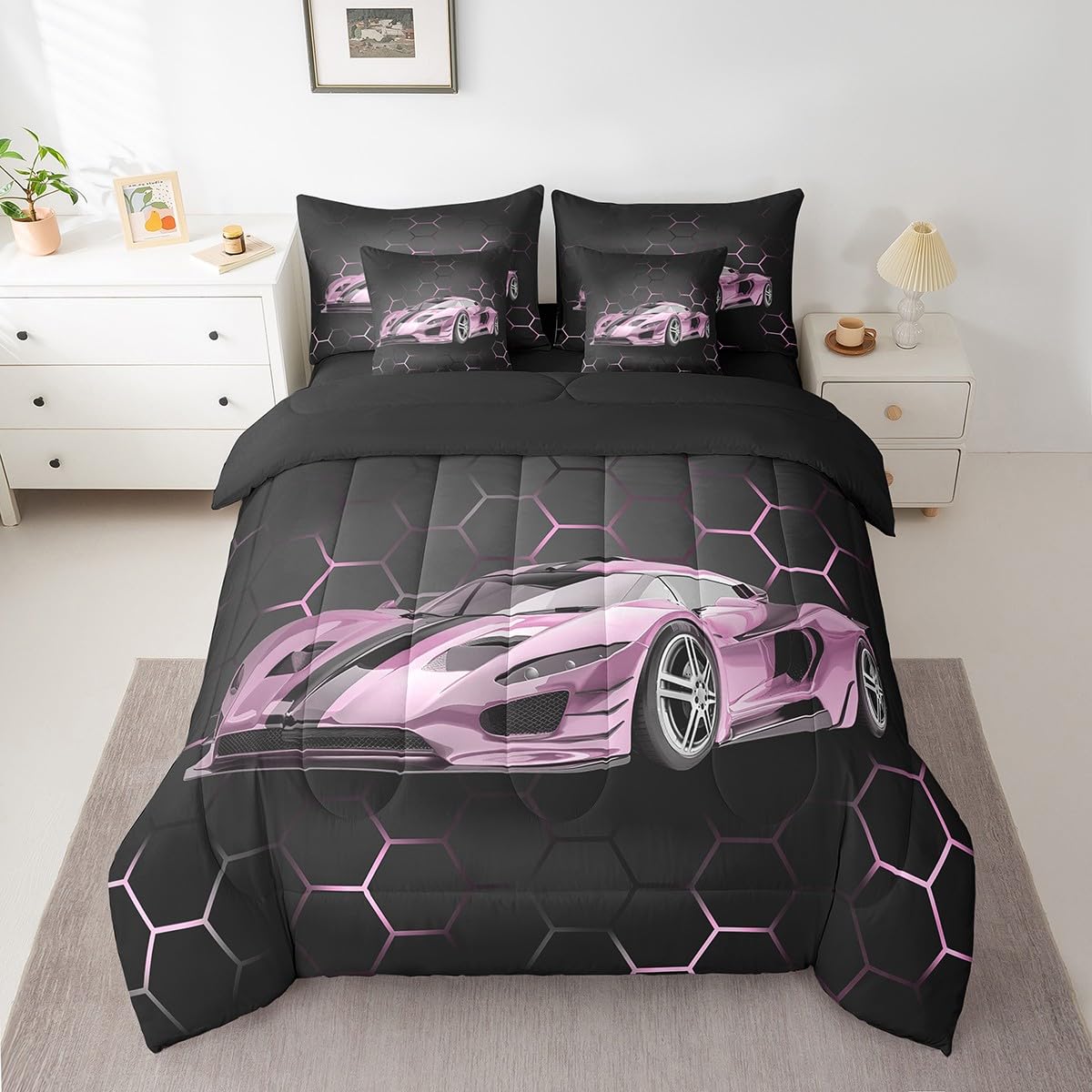 Feelyou Race Car Twin Comforter Set with Sheets for Kids Boys Girls Honeycomb Speed Sports Car Bed in a Bag Pink Extreme Sports Bedding Set 7 Piece Bedroom Decor Geometry Hexagon Theme Bed Set