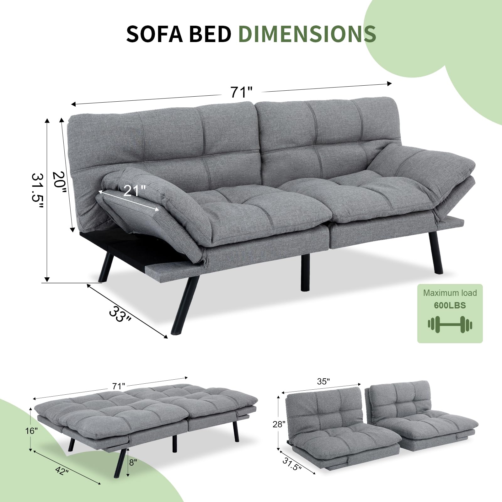 MUUEGM Futon Sofa Bed, Convertible Memory Foam Futon Couch Bed, Modern Love Seat Daybed Sofa for Living Room,Small Space,Office,Adjustable Backrests Armrests 71" Sofa Bed,Light Grey