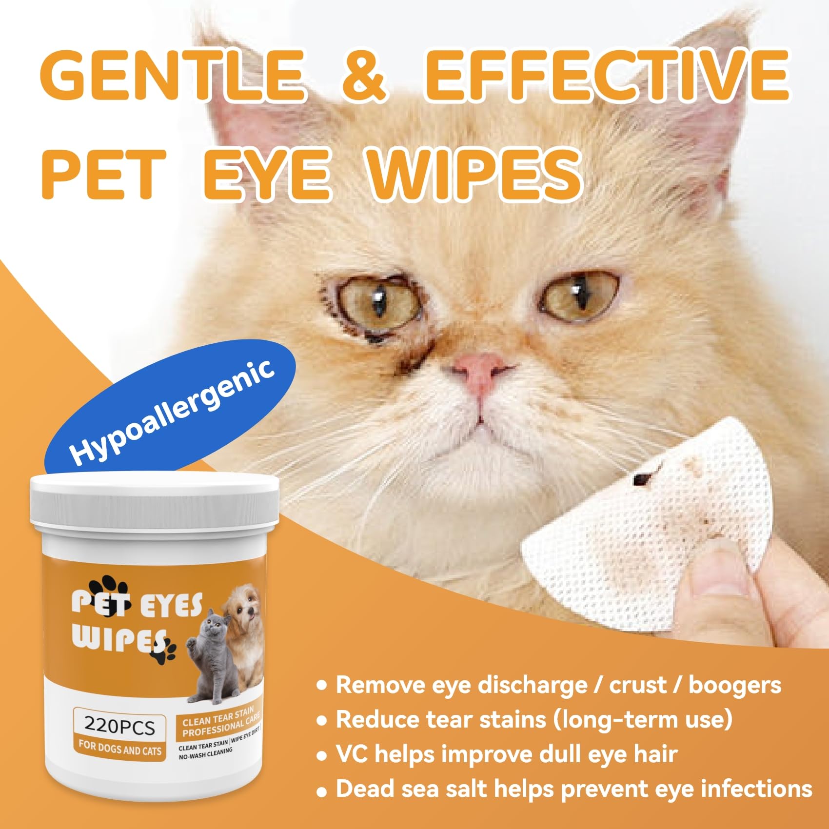 Eyes Wipes for Dogs - Gently Remove Tear Stain - Dog Eye Cleaner,Eye Debris, Discharge, Mucus Secretions - Dog Eye Wipes Tear Stain Remover - Dog & cat Eye Wipes - 220pcs