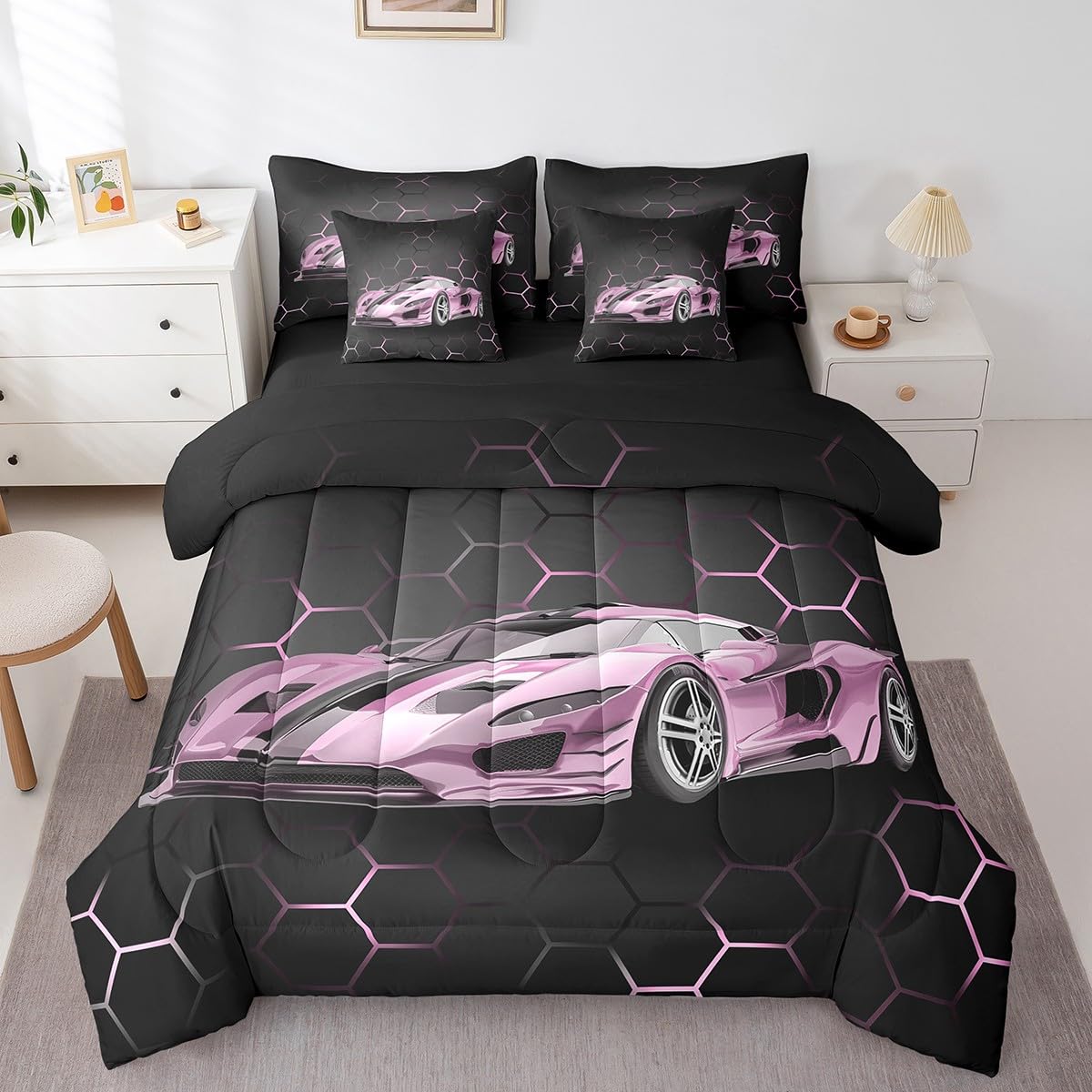 Feelyou Race Car Twin Comforter Set with Sheets for Kids Boys Girls Honeycomb Speed Sports Car Bed in a Bag Pink Extreme Sports Bedding Set 7 Piece Bedroom Decor Geometry Hexagon Theme Bed Set