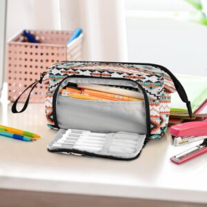 DEHOZO Portable Pencil Case Pen Bag with Zipper, Ethnic Aztec Geometric Large Pencil Pouch Pen Case Stationery Bag for Office School Student, Multifunctional Pen Box for Girl Boy Men Women