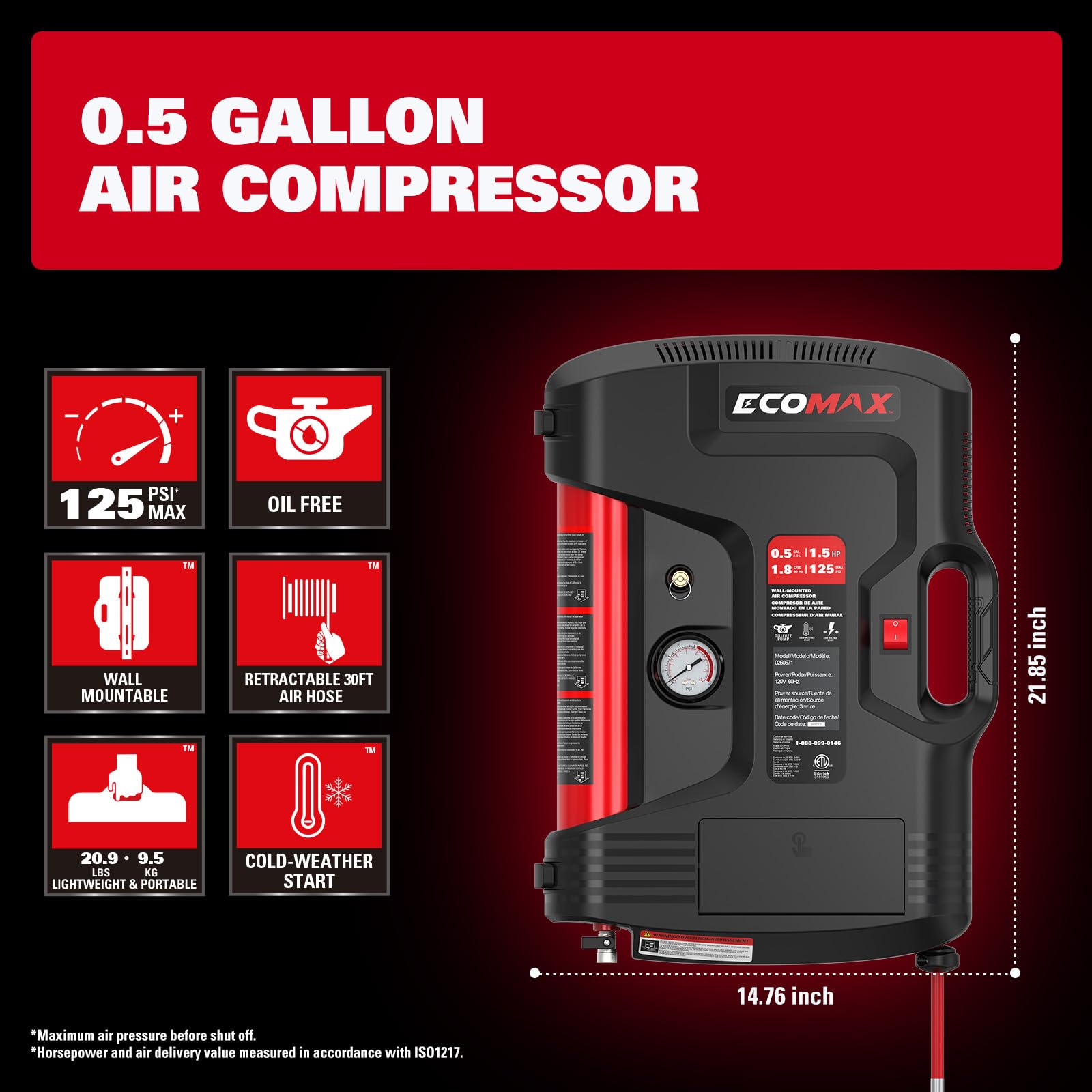 ECOMAX Portable Air Compressor, Wall-Mount Compressor with 30 Feet Air Hose, Mini Tank 125 PSI MAX Pressure & 1.5 HP, Oil-free Long Life Cycle for Shop, Garage and Home