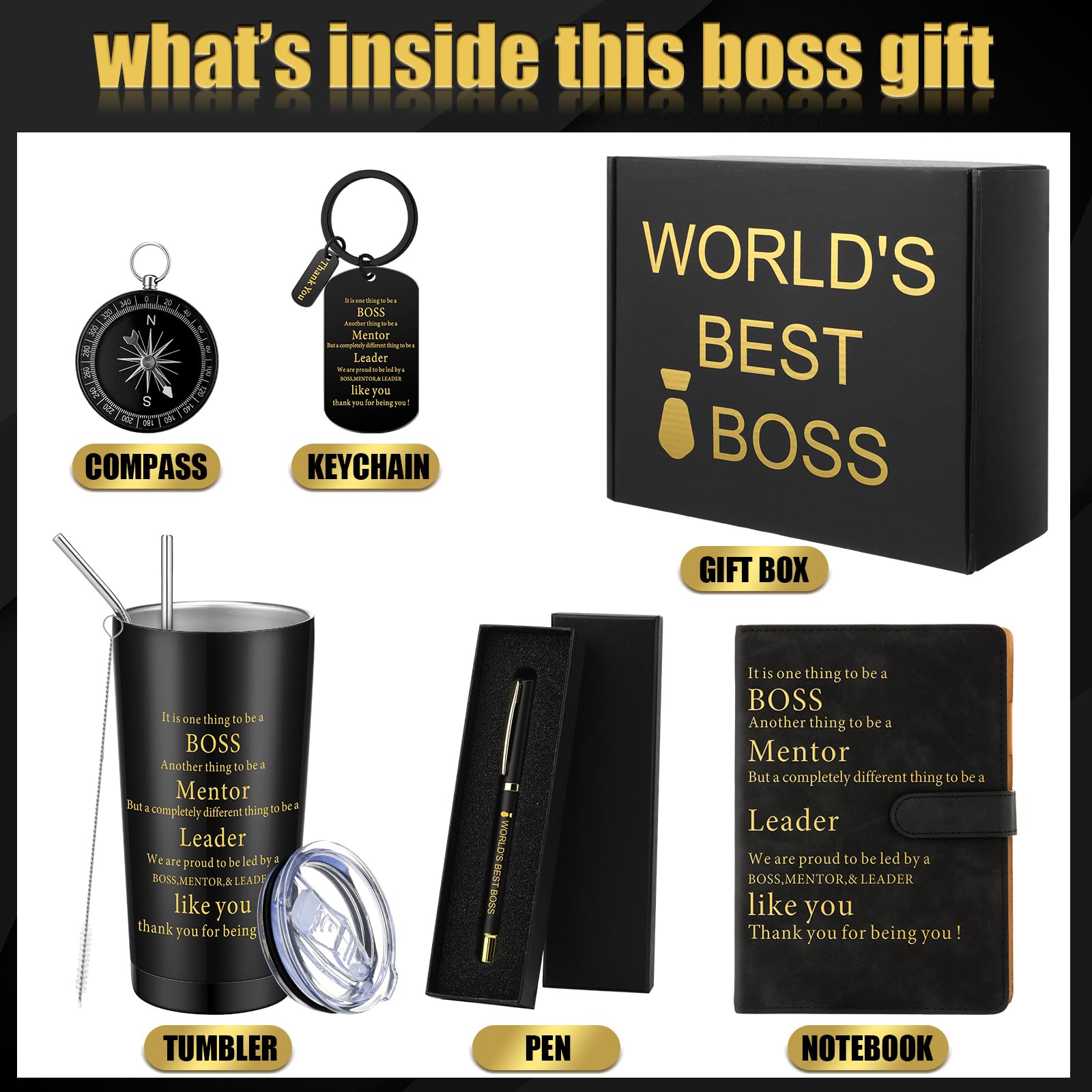 6 Pcs World's Best Boss Gifts for Men World's Best Boss Mug Set Christmas Birthday Office Gifts for Boss Include 20 oz Stainless Steel Tumbler Notebook Ballpoint Pen with Gift Box Keychain Compass