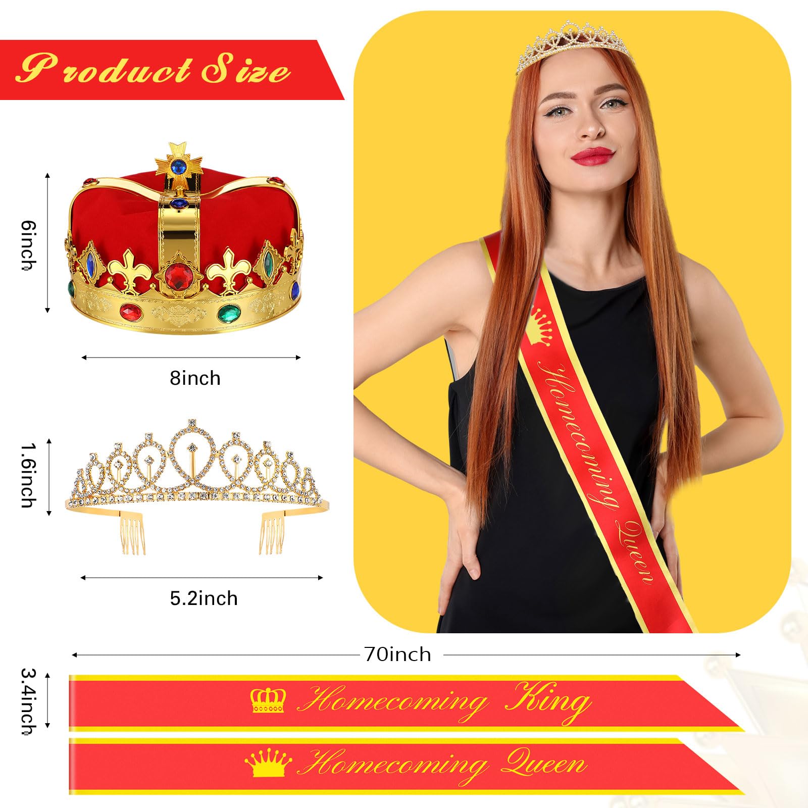 Civaner Homecoming Prom Party Supplies 14 Homecoming King and Queen Court Sashes 1 Crowns Hat 1 Rhinestone Tiara(Red)