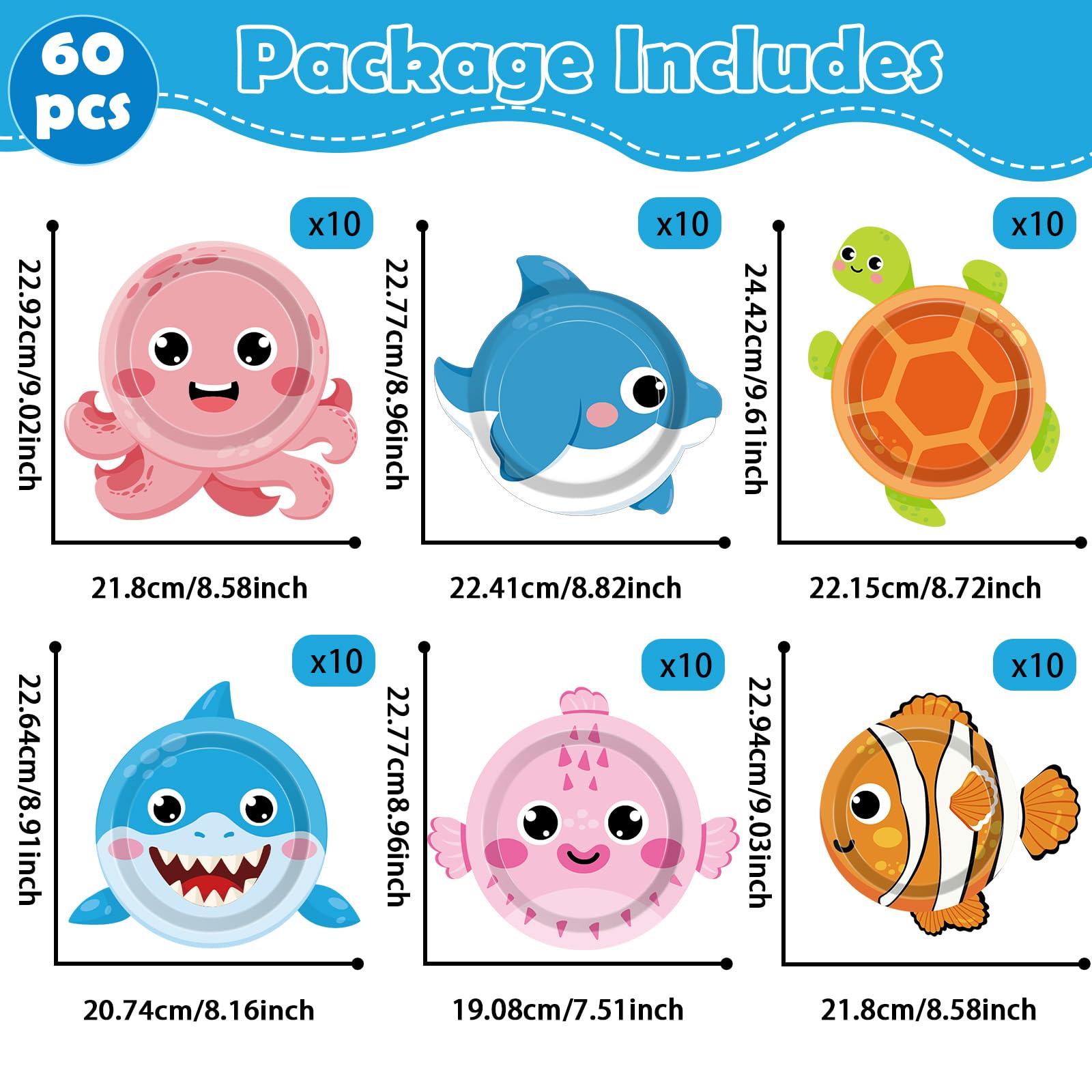 60pcs Ocean Animal Party Paper Plates Sea Animal Shaped Plates Party Supplies Under the Sea Tableware for Kids Boys Girls Birthday Preschool Classroom Underwater Creatures Baby Shower Party Favors 7"