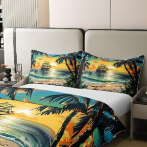 Erosebridal Coconut Tree Duvet Cover Hawaii Ocean Beach Botanical Quilt Cover Sailboat Sunset Print Comforter Cover Nature Tropical Landscape Theme Bedspread Cover Summer Holiday Room Decor Queen