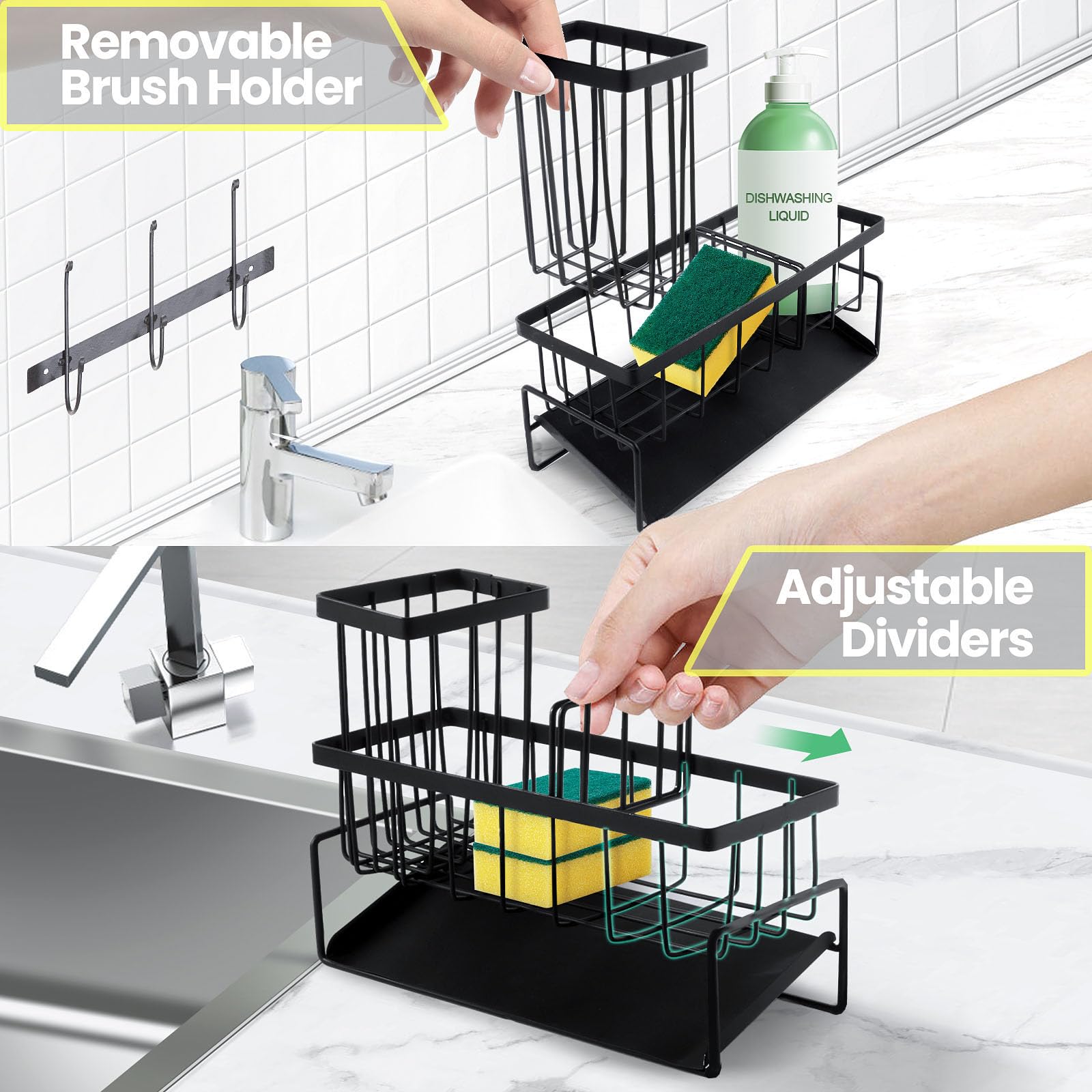 Tendry Sponge Holder for Kitchen Sink Caddy Organizer, Dish Soap Sponge Caddy with Brush Holder, Rustproof Sink Accessory with Dividers for Storage Kitchen Gadgets