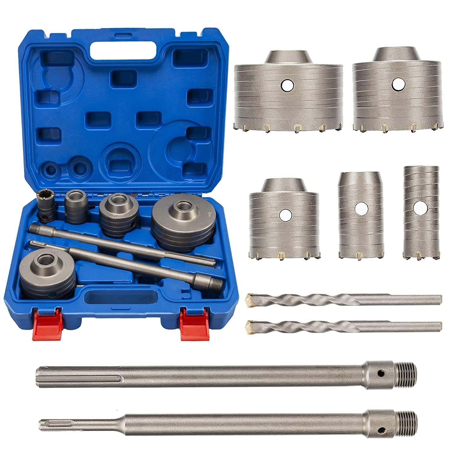 XDOVET 9PCS Concrete Hole Saw Kits with 2 Drill Bits and SDS Plus & Max Shank Hole Saw Tool Set for Concrete Cement Brick Stone Wall Drilling Kit Size 30 40 65 80 100 MM