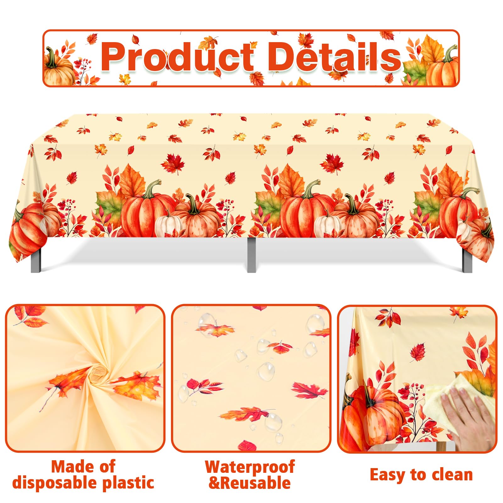 3 Pack Thanksgiving Tablecloth Disposable Fall Pumpkin Maple Plastic Tablecloths for Rectangle Tables Friendsgiving Waterproof Table Cover for Fall Decorations for Home, Thanksgiving Party Table Decor