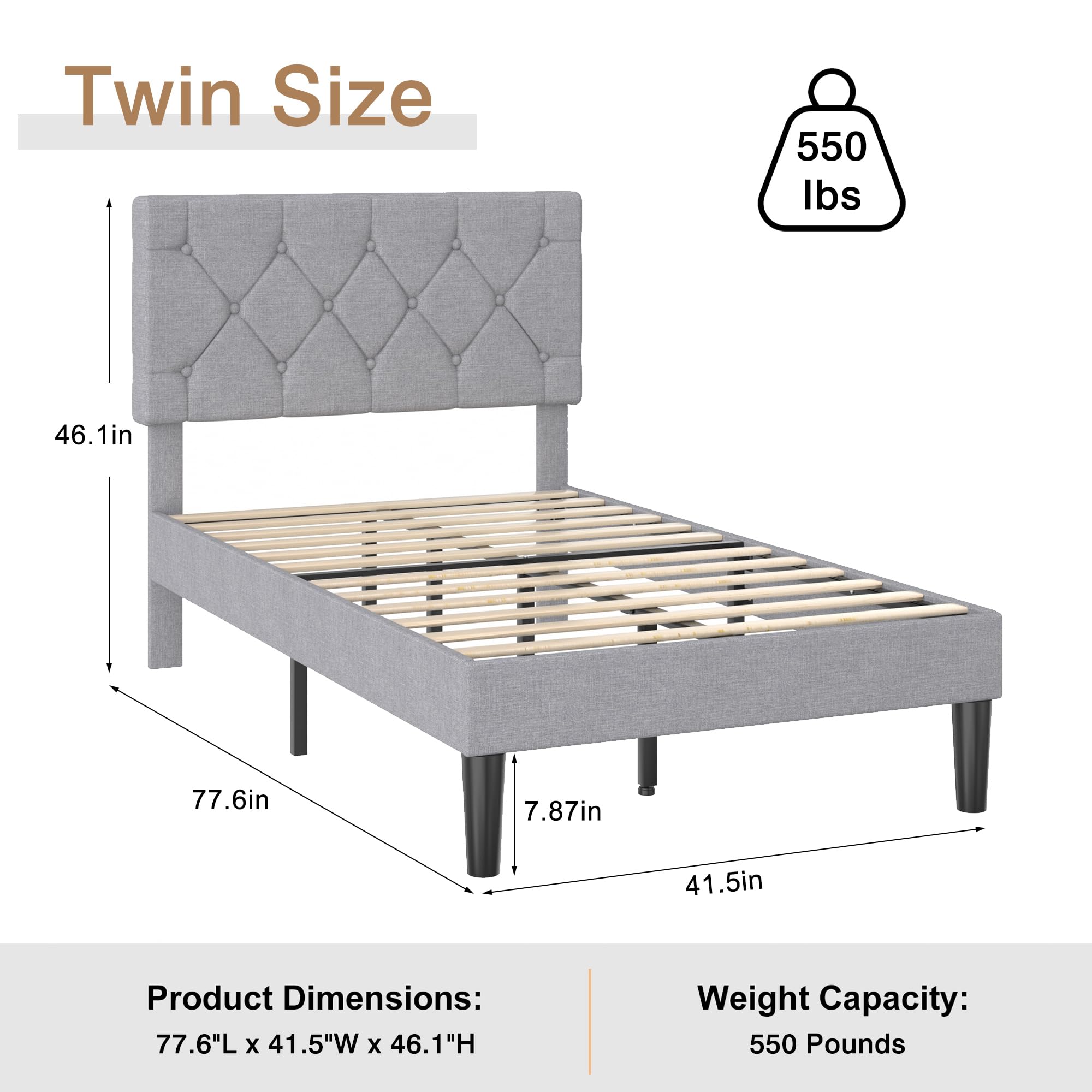 VECELO Twin Bed Frame with Button Tufted Headboard, Upholstered Platform Bedframe with Wood Slat Support, No Box Spring Needed, Grey