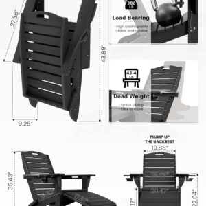 Ciokea Folding Adirondack Chair with Retractable Ottoman Fire Pit Patio Chair with Pull Out Foot Rest Weather Resistant Lawn Outdoor Lounge Chair with 2 Cup Holder (Black)