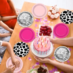 48Pcs Western Cowgirl Party Paper Plates for Cow Print Themed Party Supplies 7" Hot Pink Disco Ball Disposable Dessert Plates for Cowgirl Birthday Bachelorette 80s 90s Disco Shower Party Decorations