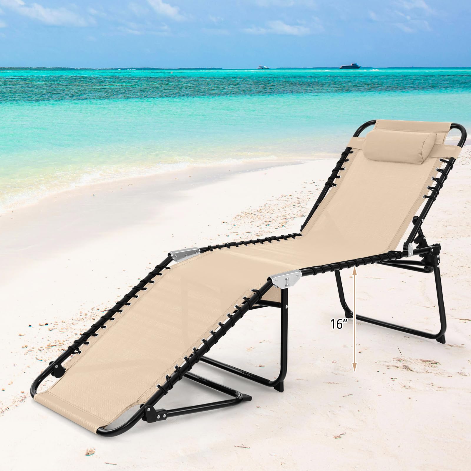 Tangkula Beach Lounge Chair for Outside, Folding Chaise Lounge Outdoor with 4-Position Backrest, Removable Headrest and Side Pocket, Portable Sunbathing Tanning Chair for Patio, Poolside (1, Beige)