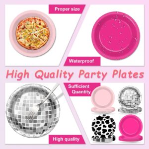 48Pcs Western Cowgirl Party Paper Plates for Cow Print Themed Party Supplies 7" Hot Pink Disco Ball Disposable Dessert Plates for Cowgirl Birthday Bachelorette 80s 90s Disco Shower Party Decorations