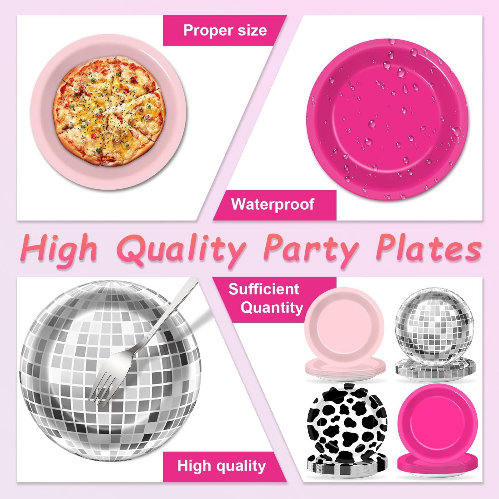 48Pcs Western Cowgirl Party Paper Plates for Cow Print Themed Party Supplies 7" Hot Pink Disco Ball Disposable Dessert Plates for Cowgirl Birthday Bachelorette 80s 90s Disco Shower Party Decorations