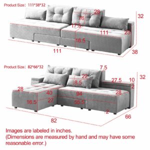 UPYOOE Modular Sectional Sofa, Convertible 3 in 1 Sleeper Sofa Bed with 4 Storage Space, King Size Pull Out Bed, 77''-111'' Wide Sectional Couch, Loveseat Sofa Chaise for Living Room, Corduroy Green