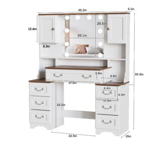 Fameill Vanity Desk with Mirror, Farmhouse Makeup Vanity Desk with Lights, White Makeup Vanity Table with 7 Drawers & 2 Cabinets, 4 Charging Stations, 10 Detachable Light Bulbs