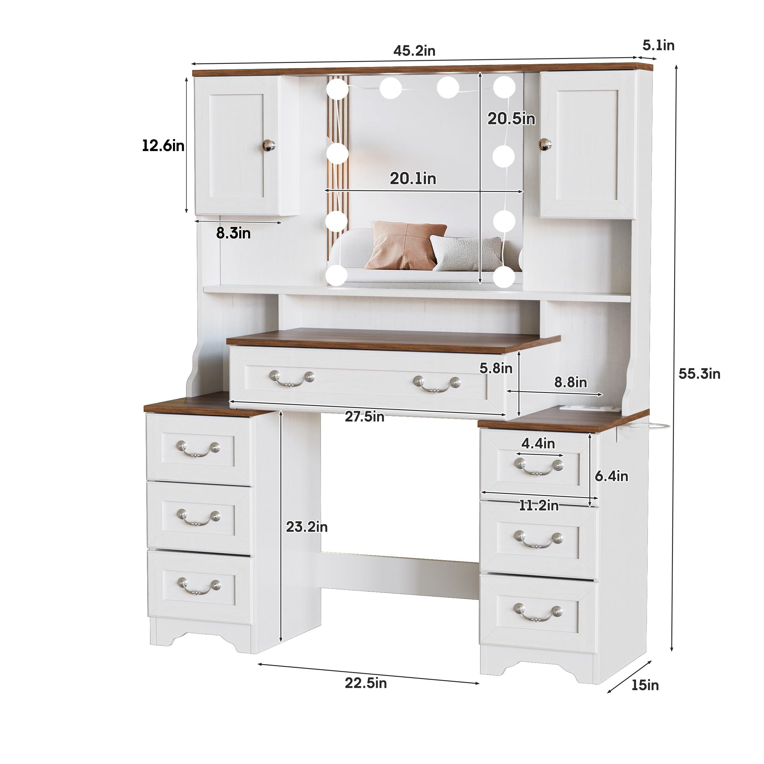 Fameill Vanity Desk with Mirror, Farmhouse Makeup Vanity Desk with Lights, White Makeup Vanity Table with 7 Drawers & 2 Cabinets, 4 Charging Stations, 10 Detachable Light Bulbs