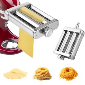 wiselet stainless steel 3 in 1 pasta maker attachment for kitchenaid stand mixer, included pasta sheet roller spaghetti and fettucine cutter, heavy duty sturdy and durable