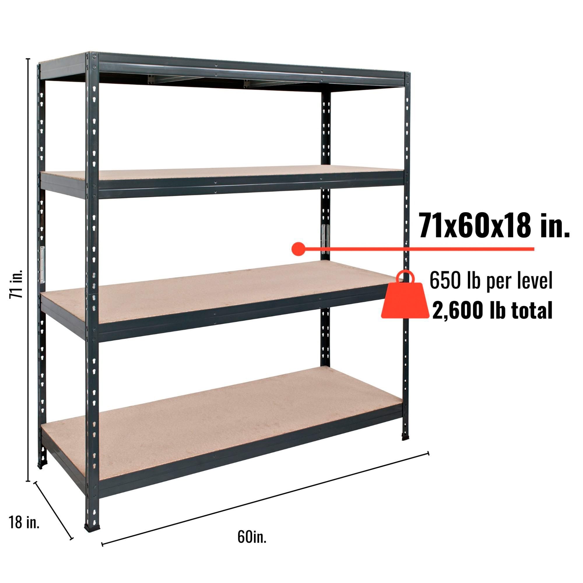 AR Shelving 2400-Lb. Capacity, 71in.H x 60in.W x 18in.D Rivet Shelving Unit, Or Assemble as 2 Benches, Ea. 35 1/2in.H x 120in.L x 18in.D, Matte Dark Gray, Model# Garage 60/18 600 Lbs.