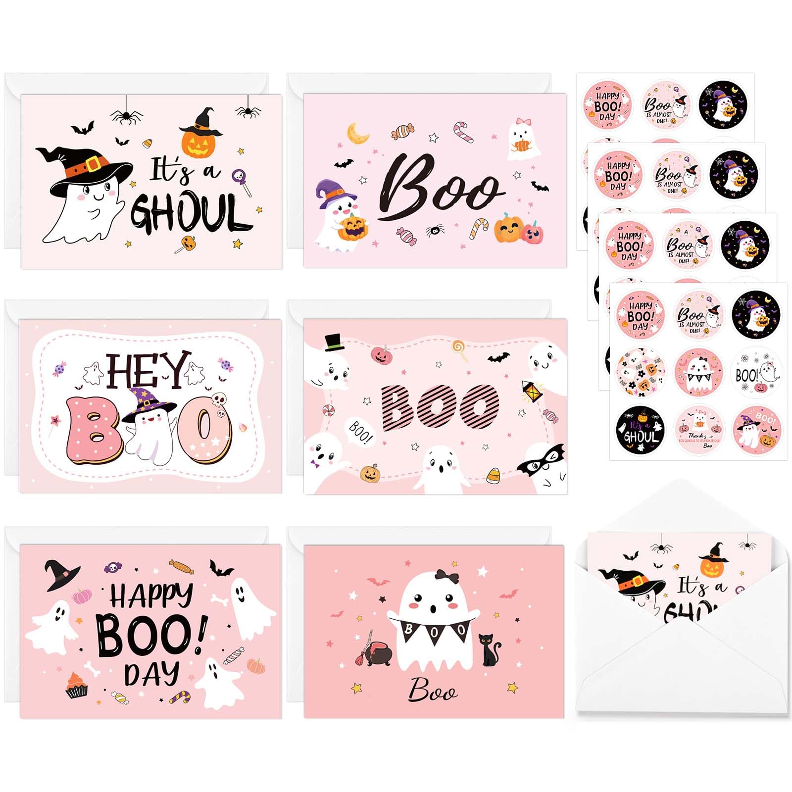 Kavoc 36Pcs Halloween Ghost Thank You Cards with Envelopes Pink Boo Ghost Pumpkin Pattern Greeting Cards for Baby Shower Halloween Party Invitation Supplies