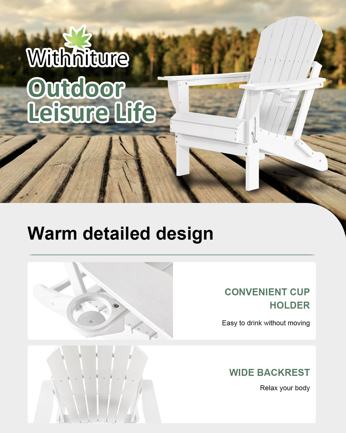 Withniture Folding Adirondack Chairs, HDPE Adirondack Chair Wood Texture Plastic Adirondack Chairs with Cup Holder, Weather Resistant Fire Pit Chairs for Backyard Deck, White