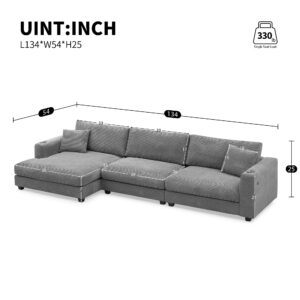 Modern Oversized Corduroy Sectional Sofa with USB Charging Port,Cup Holder, Deep Seat Couch Sleeper Bed with 50" Chaise, Gray