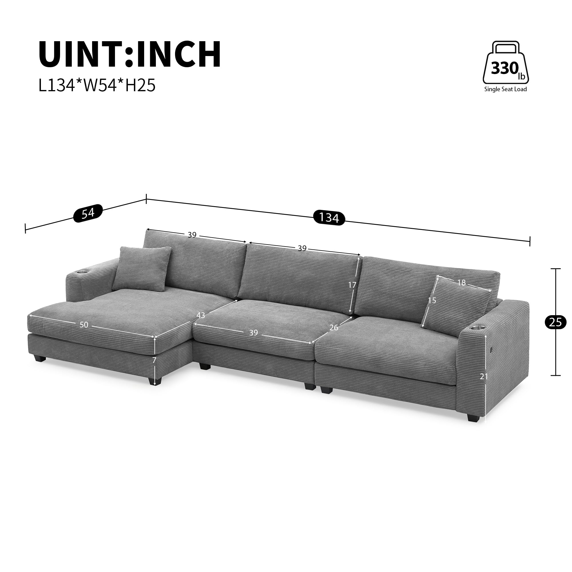 Modern Oversized Corduroy Sectional Sofa with USB Charging Port,Cup Holder, Deep Seat Couch Sleeper Bed with 50" Chaise, Gray