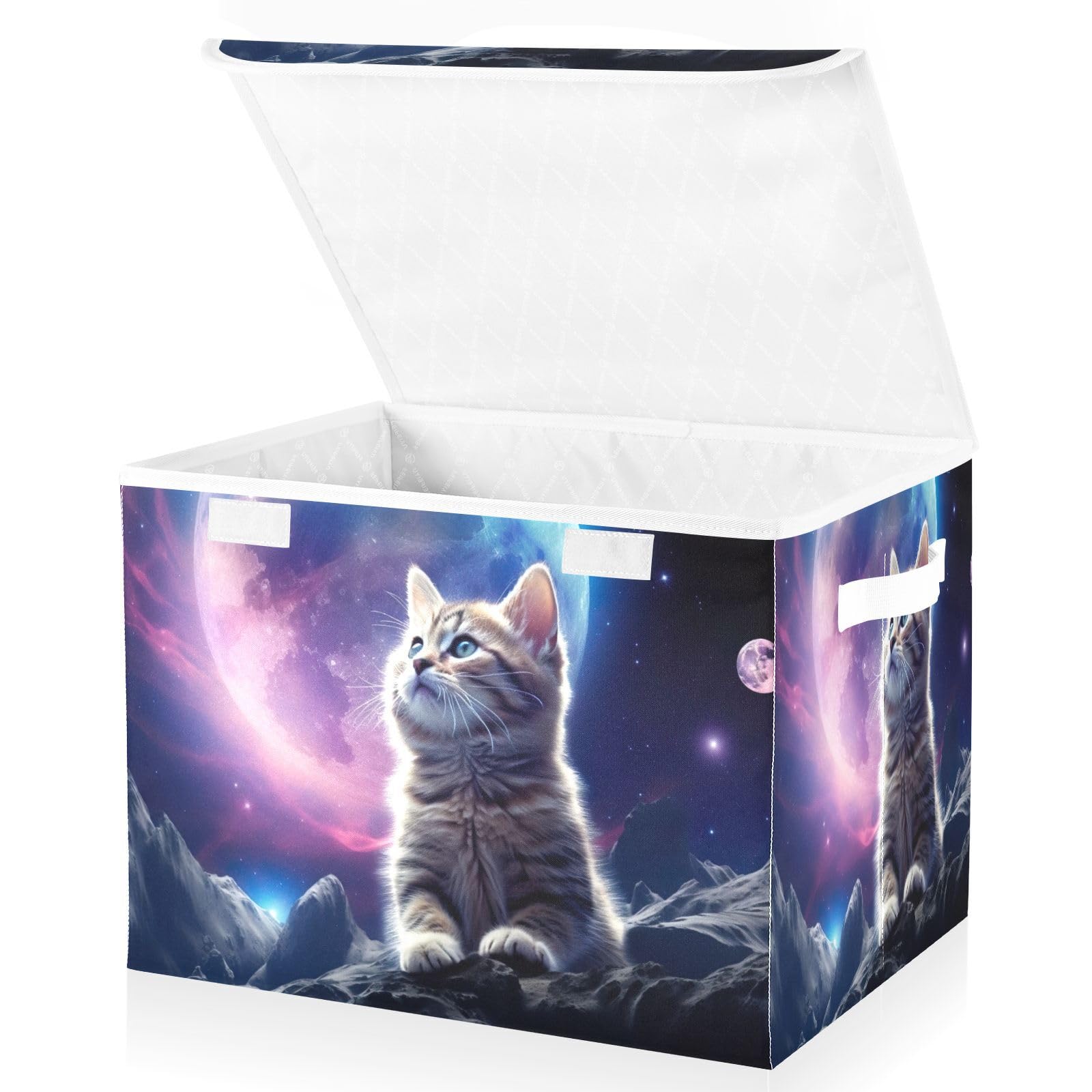 WELLDAY Galaxy Cat Storage Baskets Foldable Cube Storage Bin with Lids and Handle, 16.5x12.6x11.8 Inch Storage Boxes for Toys, Shelves, Closet, Bedroom