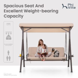 PHI VILLA 3-Seat Porch Swing with Adjustable Canopy,Outdoor Swing Chair with Cup Holders and Removable Cushion,Patio Swing Chair/Bench for Porch, Garden, Poolside, Balcony&Backyard,Beige