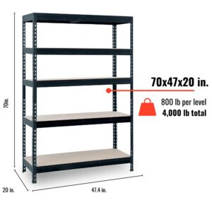 AR Shelving Heavy-Duty Garage Shelving, 5-Shelf Unit, 800-Lb. Capacity Per Shelf, 48in.W x 20in.D x 70in.H, Model# TR18S504KGGED9TG00