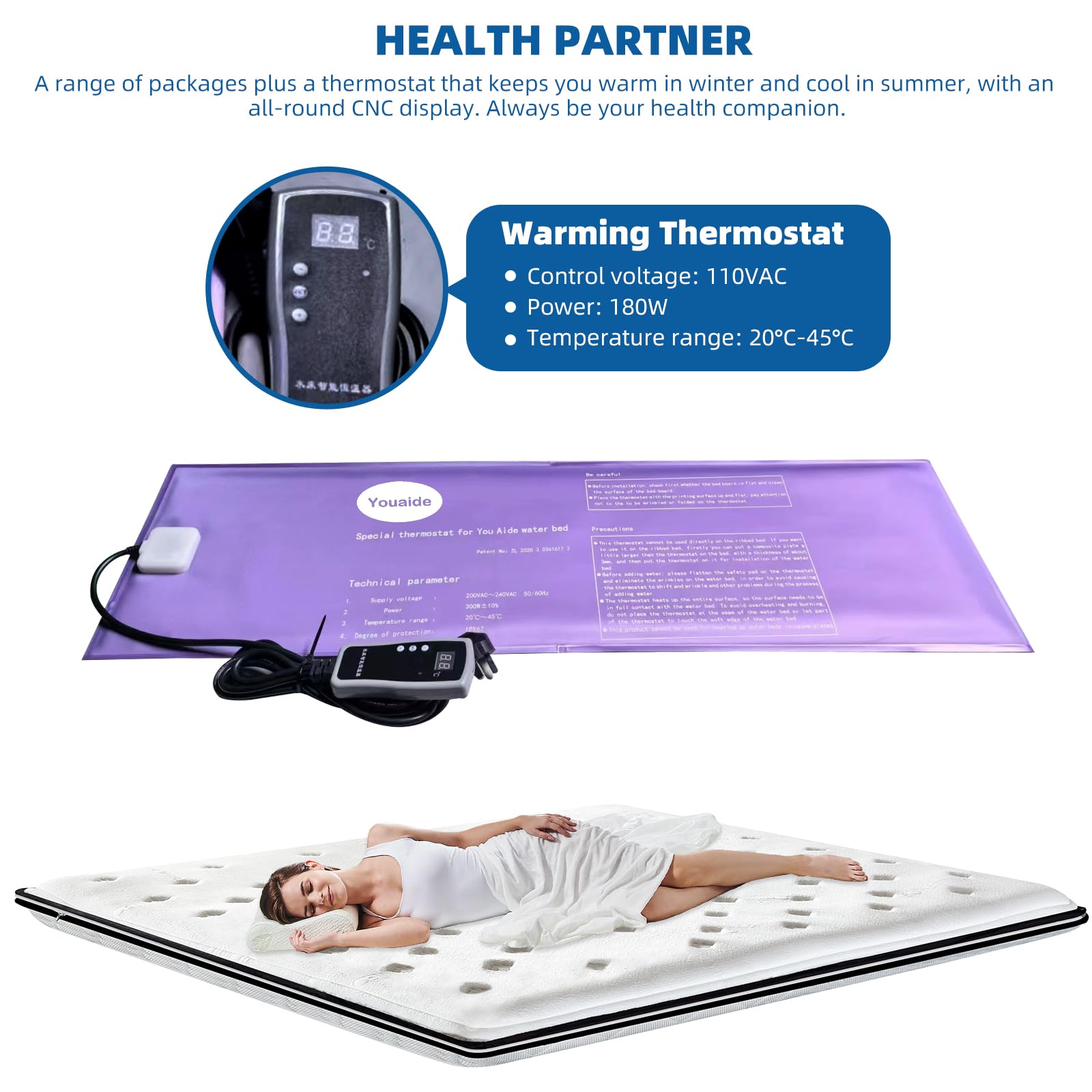 Free Flow Full Water Bed Mattress, PVC Softside Water Bed with Smart Thermostats and Waterbed Fill and Drain Kit, Multifunction and Durable Foldable Water Bed Set for Elderly, Adults (Queen)