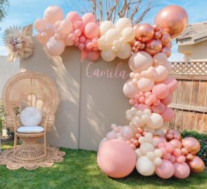 pink balloon arch kit, 120pcs macaron pink balloon garland arch kit, orange apricot and metallic rose gold balloon for girls boho balloon arch for baby bridal shower, birthday party and princess theme